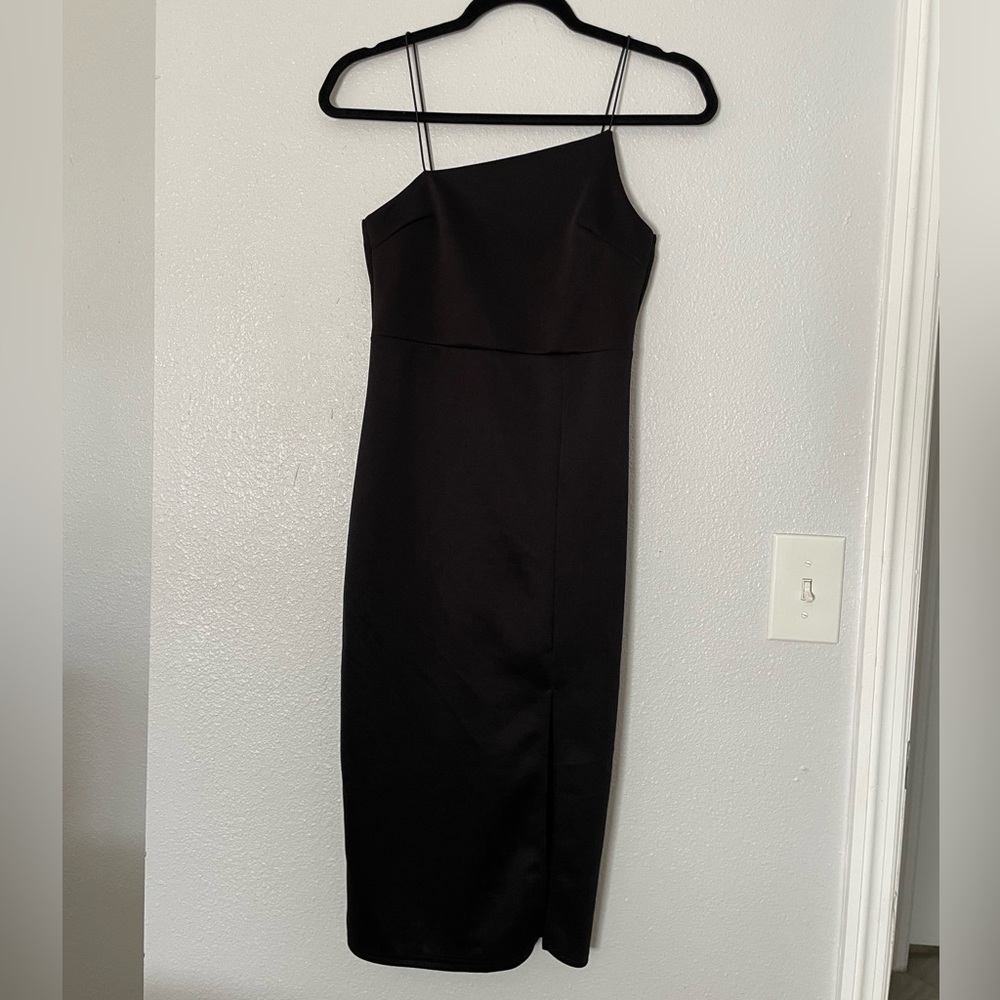 Small Black Slim Fit Midi Length Dress with a Slit. Size Small.